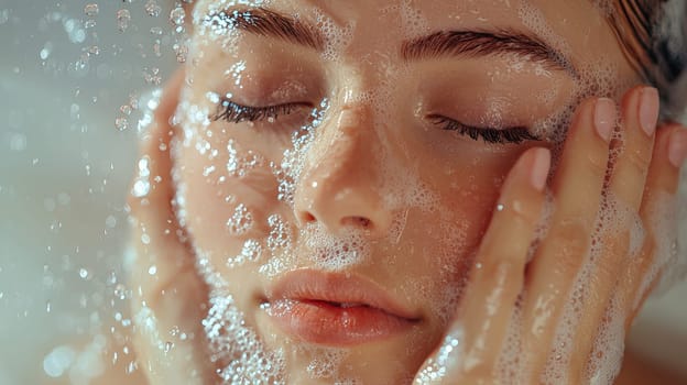 A detailed and realistic close-up of a woman performing her skincare routine in a serene, naturally lit setting. The image captures the essence of Scandinavian minimalism, emphasizing simplicity, natural beauty, and self-care, with soft lighting highlighting the textures of the skin in a relaxed environment. Perfect for promoting wellness, beauty, and self-care.
