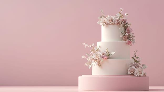Wedding cake with beautiful flowers on solid pastel color background, copy space, AI Generated