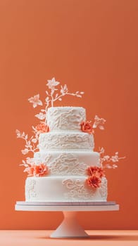 Wedding cake with beautiful flowers on solid pastel color background, copy space, AI Generated