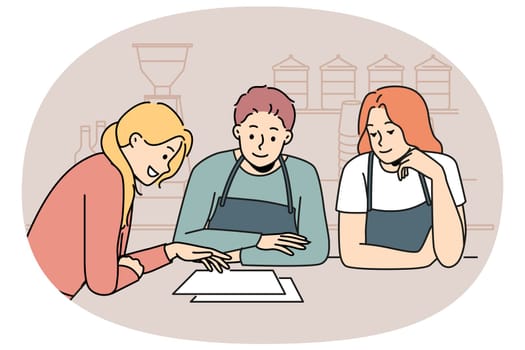 Cafe owners stand behind bar, consulting with professional female restaurateur and reading out business plan. Businesswoman holding meeting with cafe staff and discussing organizational issues.