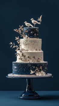 Elegant tiered wedding cake with white natural decor, dark background, copy space, AI Generated