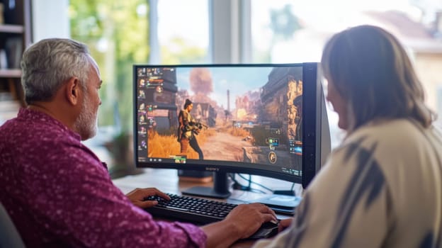 Mature multiracial couple enjoying video game together on computer monitors, concept of leisure, AI Generated