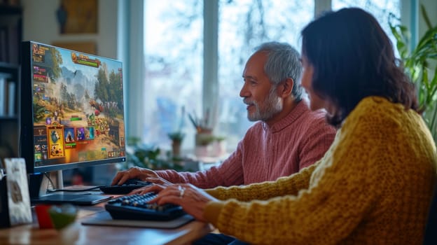 Senior multiracial couple enjoying video game together on computer monitors, concept of leisure
