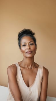 Portrait of confident mature African American woman, neutral background with copy space, AI Generated