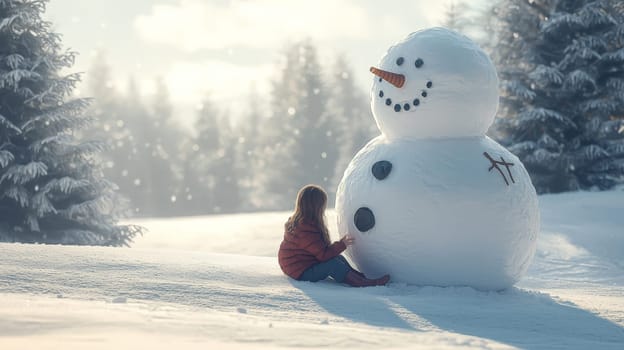 A heartwarming scene of a little girl sitting in the snow, building a massive and impressive snowman. Surrounded by a backdrop of fir trees and a bright, clear sky, the image captures the beauty of winter in a minimalist, realistic style. The weather is calm and pleasant, emphasizing the joyful simplicity of this winter moment.