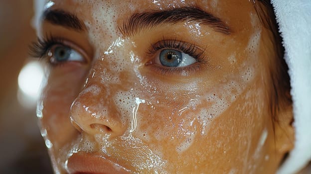 A detailed and realistic close-up of a woman performing her skincare routine in a serene, naturally lit setting. The image captures the essence of Scandinavian minimalism, emphasizing simplicity, natural beauty, and self-care, with soft lighting highlighting the textures of the skin in a relaxed environment. Perfect for promoting wellness, beauty, and self-care.