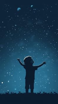Boy looking at stars in night sky, concept of children dreams and fantasies, AI Generated