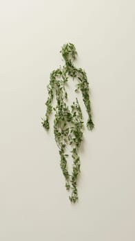 Human figure made of green leaves on plain background, concept of nature and ecology, AI Generated