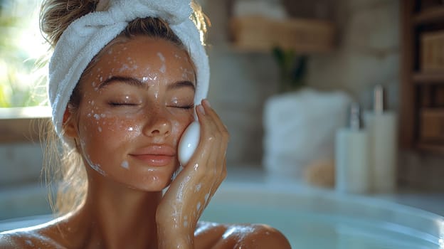 A detailed and realistic close-up of a woman performing her skincare routine in a serene, naturally lit setting. The image captures the essence of Scandinavian minimalism, emphasizing simplicity, natural beauty, and self-care, with soft lighting highlighting the textures of the skin in a relaxed environment. Perfect for promoting wellness, beauty, and self-care.