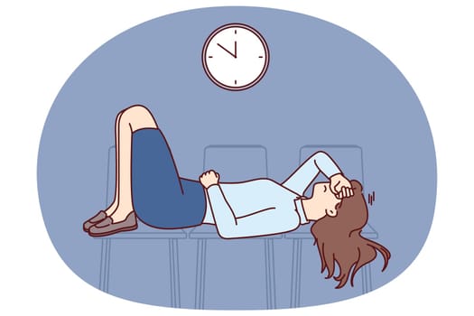 Tired business woman sleeps on office chairs at work and needs vacation to avoid professional burnout. Tired girl office worker is sleeping in waiting room before interview for new position