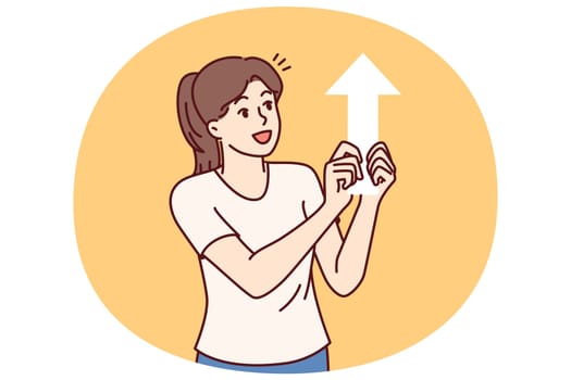 Happy woman with arrow pointing up, symbolizing ambition and striving for professional growth. Girl smiling demonstrates ambition or desire to gain new knowledge and quality education