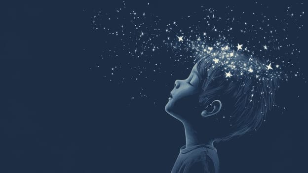 Child silhouette with stars in head, concept of imagination, dreams and universe, dark blue background, AI Generated