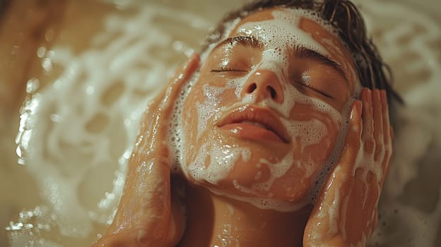 A detailed and realistic close-up of a woman performing her skincare routine in a serene, naturally lit setting. The image captures the essence of Scandinavian minimalism, emphasizing simplicity, natural beauty, and self-care, with soft lighting highlighting the textures of the skin in a relaxed environment. Perfect for promoting wellness, beauty, and self-care.