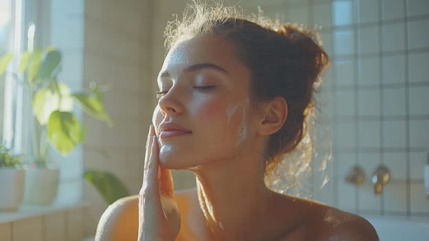 A detailed and realistic close-up of a woman performing her skincare routine in a serene, naturally lit setting. The image captures the essence of Scandinavian minimalism, emphasizing simplicity, natural beauty, and self-care, with soft lighting highlighting the textures of the skin in a relaxed environment. Perfect for promoting wellness, beauty, and self-care.