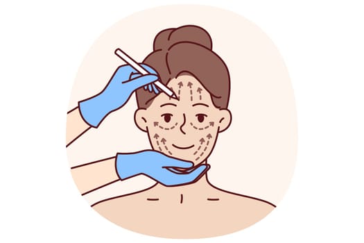 Cosmetic procedure for woman who wants to eliminate wrinkles or lifting problem areas. Doctor hands near millennial girl face during cosmetic procedure and preparation for skin lifting