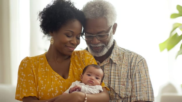 Elderly man and woman joyfully holding baby indoors, concept of generations, AI Generated
