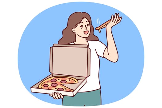 Woman eats pizza and holds box of appetizers from italian restaurant with home delivery. Girl with big pizza bought takeaway lunch in cafe and bites hot slice of thin pepperoni and cheese pie