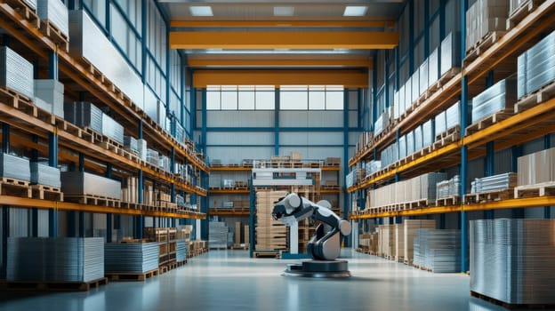 Robot analyzing data in futuristic metal products warehouse setting, concept of industrial future, AI Generated