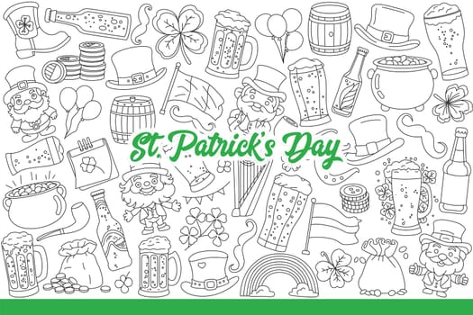 St. Patrick day logo among festive elements for fun party in irish style. St. Patrick character near mugs and bottles filled with ale and clover leaves symbolizing celebratory day. Hand drawn.