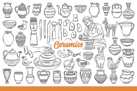 Handmade ceramic dishes, molded from natural clay and decorated by artist. Ceramic cups and teapots or whistles, near tools for professional craftsperson who has created home production. Hand drawn.