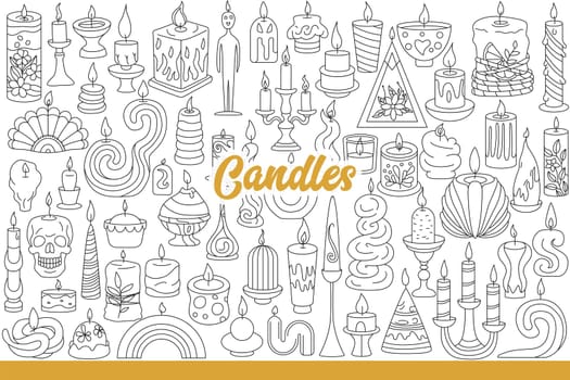 Candles with burning fetil for decorating festive table and creating romantic atmosphere. Flames over candles for religious ritual or aromatherapy and exorcism procedure. Hand drawn.
