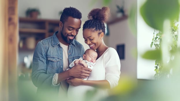 Happy african american family with sleeping baby at home, concept of love and care, AI Generated