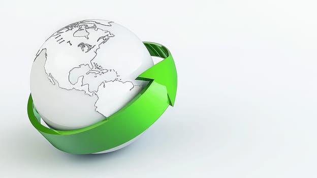 A minimalist 3D rendering of a globe with a vibrant green arrow circling it, symbolizing growth, sustainability, and global connectivity. The clean white background enhances the simplicity and modernity of the design, making it ideal for themes related to progress, eco-friendly initiatives, and global development.