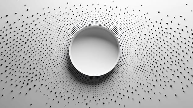 A simple and elegant design featuring a white quotation mark centered within a field of black dots. The minimalistic layout utilizes whitespace and negative space to emphasize the quote, creating a clean and modern aesthetic.