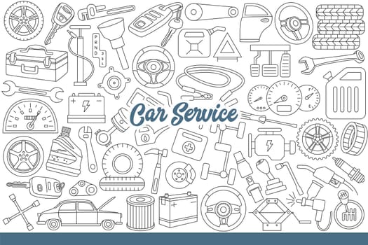 Car service logo among mechanic tools and items from automobiles repair shop. Car service background with oils and wheels from vehicle, or equipment for refueling and battery charging. Hand drawn.