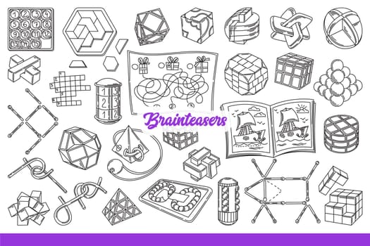 Brainteasers and jigsaw for children games and development of intelligence or logical thinking in kids. Brainteasers inscription near crosswords or puzzles and educational wooden toys. Hand drawn.