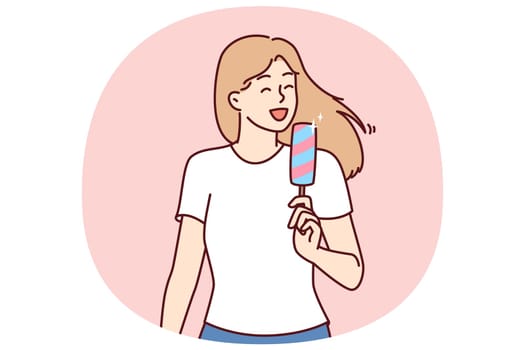 Woman eats ice cream to cool off in hot summer weather and enjoy cold sweet dessert. Young girl in casual clothes holds ice cream and smiles enjoying treat that relieves thirst and hunger.