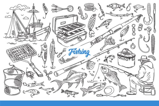 Tools for fishing and seafood production, as hobby or professional activity. Fishing rods and nets for man engaged in fishing near small ship and chest for transporting equipment. Hand drawn.