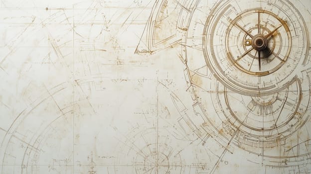 A soft beige and brown-toned vintage blueprint background featuring faint grid lines and intricate mechanical drawings, reminiscent of early 20th-century engineering designs. Old drafting tools, like compasses and rulers, are placed on the paper, evoking a sense of craftsmanship. The subtle wear and tear, combined with atmospheric lighting, adds a nostalgic touch to this historical engineering design.