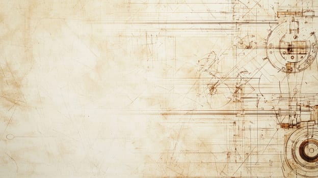 A soft beige and brown-toned vintage blueprint background featuring faint grid lines and intricate mechanical drawings, reminiscent of early 20th-century engineering designs. Old drafting tools, like compasses and rulers, are placed on the paper, evoking a sense of craftsmanship. The subtle wear and tear, combined with atmospheric lighting, adds a nostalgic touch to this historical engineering design.