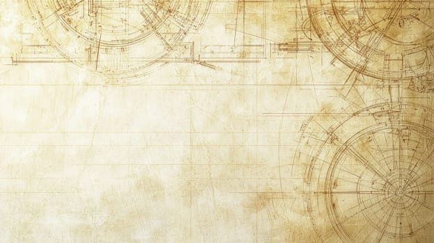 A soft beige and brown-toned vintage blueprint background featuring faint grid lines and intricate mechanical drawings, reminiscent of early 20th-century engineering designs. Old drafting tools, like compasses and rulers, are placed on the paper, evoking a sense of craftsmanship. The subtle wear and tear, combined with atmospheric lighting, adds a nostalgic touch to this historical engineering design.