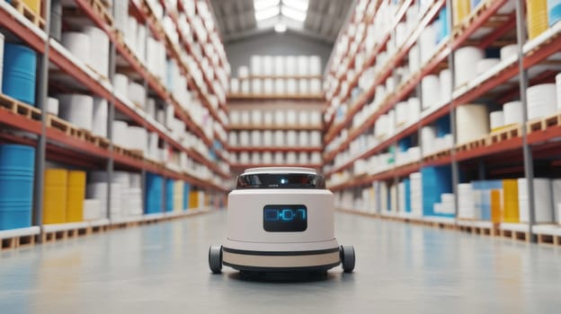Autonomous robot navigating spacious warehouse with cans of paint, concept of automation, AI generated