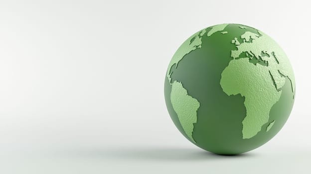 A clean and simple 3D rendering of a green globe placed against a white background. The image conveys concepts of global unity, environmental consciousness, and modern design with a focus on sustainability and minimalism.