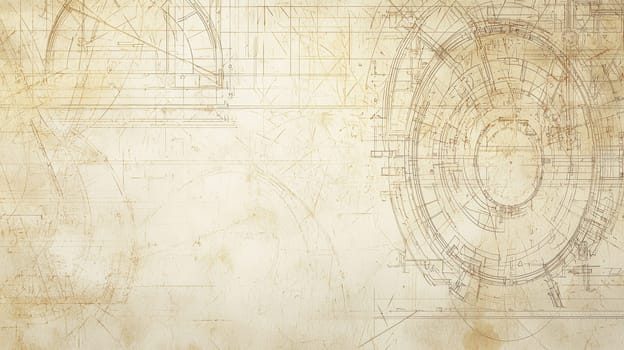 A soft beige and brown-toned vintage blueprint background featuring faint grid lines and intricate mechanical drawings, reminiscent of early 20th-century engineering designs. Old drafting tools, like compasses and rulers, are placed on the paper, evoking a sense of craftsmanship. The subtle wear and tear, combined with atmospheric lighting, adds a nostalgic touch to this historical engineering design.
