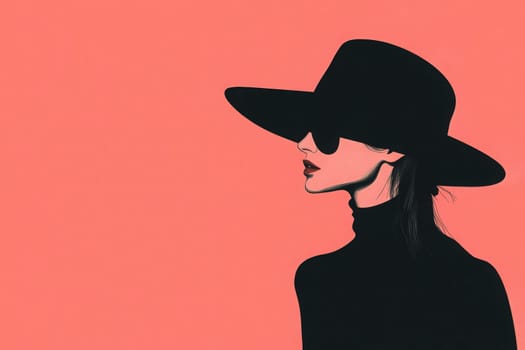 A fashionable illustration captures a woman wearing a wide-brimmed hat and oversized sunglasses. She exudes elegance while set against a soft coral background, highlighting her minimalist style.