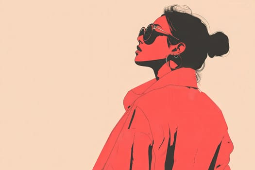 A stylish model stands confidently, donning oversized sunglasses and a loose jacket against a minimalist pastel background. The clean lines and bold colors enhance the contemporary aesthetic.