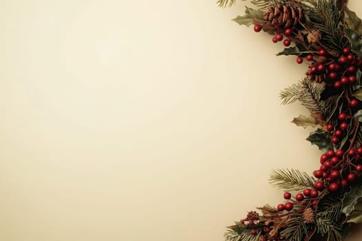 A beautifully arranged festive wreath features pine cones, red berries, and pine needles against a smooth, solid background, creating an inviting atmosphere for holiday celebrations and decorations.