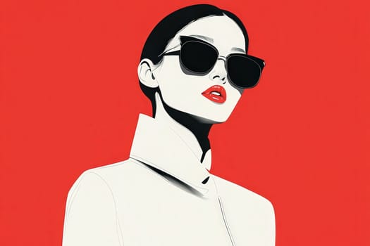 A fashionable woman features a minimalist design with sunglasses and bold red lips. The clean lines and vibrant background create an eye-catching and modern aesthetic.