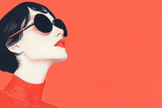 This artwork showcases a stylish woman with dark hair and bold red lips, wearing oversized sunglasses. The minimalistic design emphasizes her fashionable look against a striking coral backdrop.
