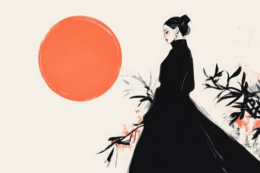 A graceful figure in a flowing black dress stands poised against a large orange sun. Delicate branches add a touch of nature, creating a serene and stylish aesthetic.