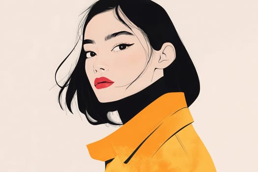 This fashion illustration features a stylish woman with a sleek bob haircut wearing a bright yellow coat. Her confident gaze and bold red lips complement the minimalist design.