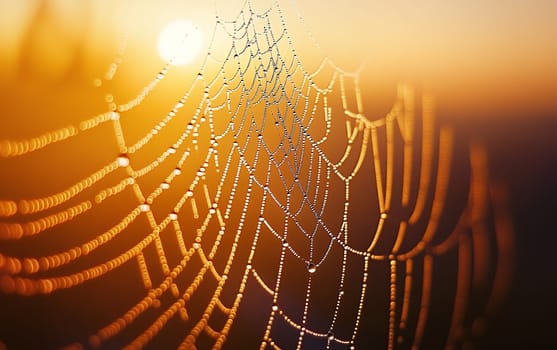 Intricate spider web covered in dew drops, illuminated by warm golden sunlight. The delicate strands form a mesmerizing pattern against a blurred background.