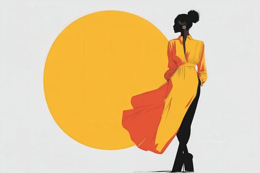 A fashion-forward silhouette showcases an elegant long dress with flowing elements, set against a striking yellow background, embodying minimalist design.