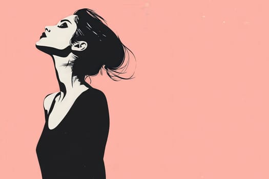 The artwork showcases a minimalist fashion illustration of a woman in profile, capturing her confident demeanor against a soft pink backdrop. The clean lines and simplicity emphasize style.