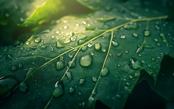 Macro view of water droplets resting on a green leaf surface, highlighting its intricate vein structure. The droplets reflect light, creating a fresh and vibrant nature scene.
