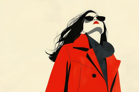 A fashionable woman exudes confidence while looking upwards. Dressed in a vibrant red coat and chic sunglasses, she captures a minimalist aesthetic that emphasizes her bold style.